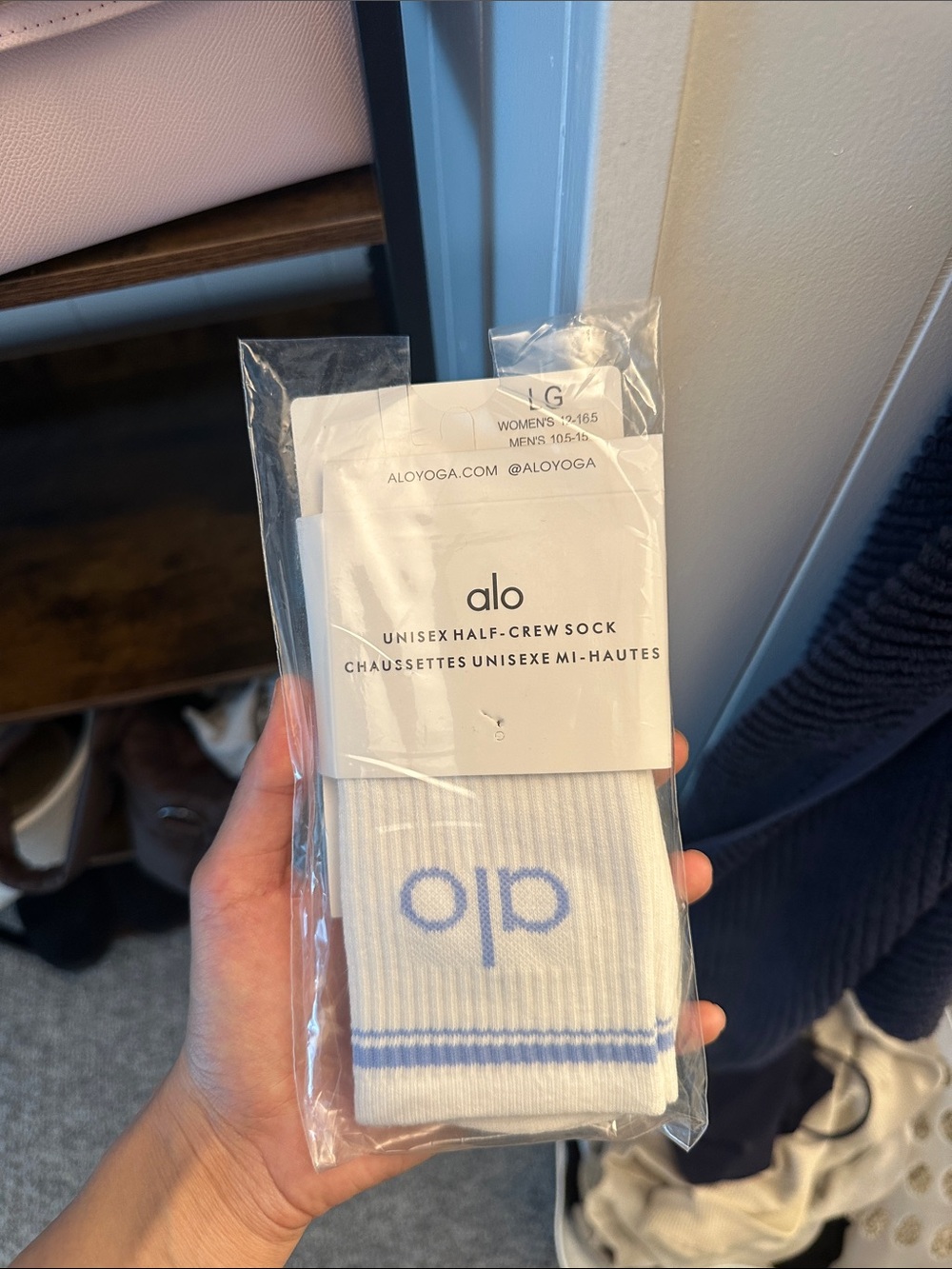 ALO Yoga White Half-Crew Athletic Socks with Light Blue Logo